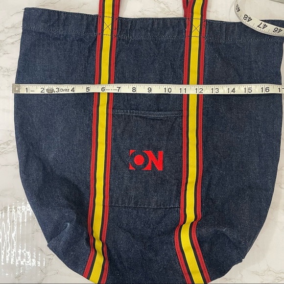 Old Navy Retro Denim Tote 70s 80s Throwback Grosgrain Ribbon Trim & Handles - Picture 11 of 15
